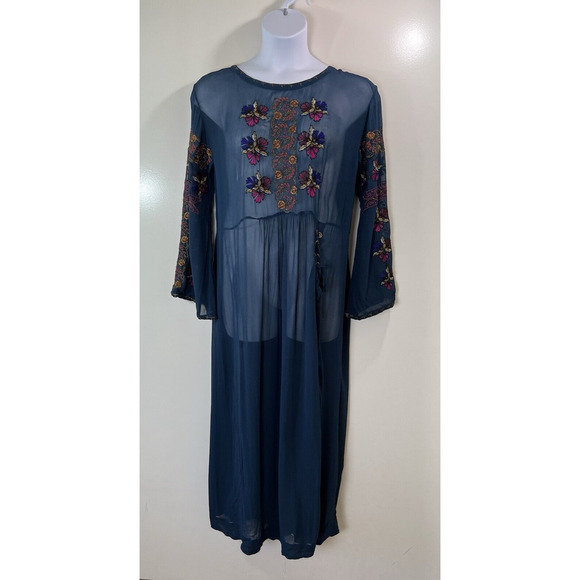 Free People Women's Sheer Embroidered MIDI Dress Sz M Blue Floral Fairy Forest - Picture 1 of 10